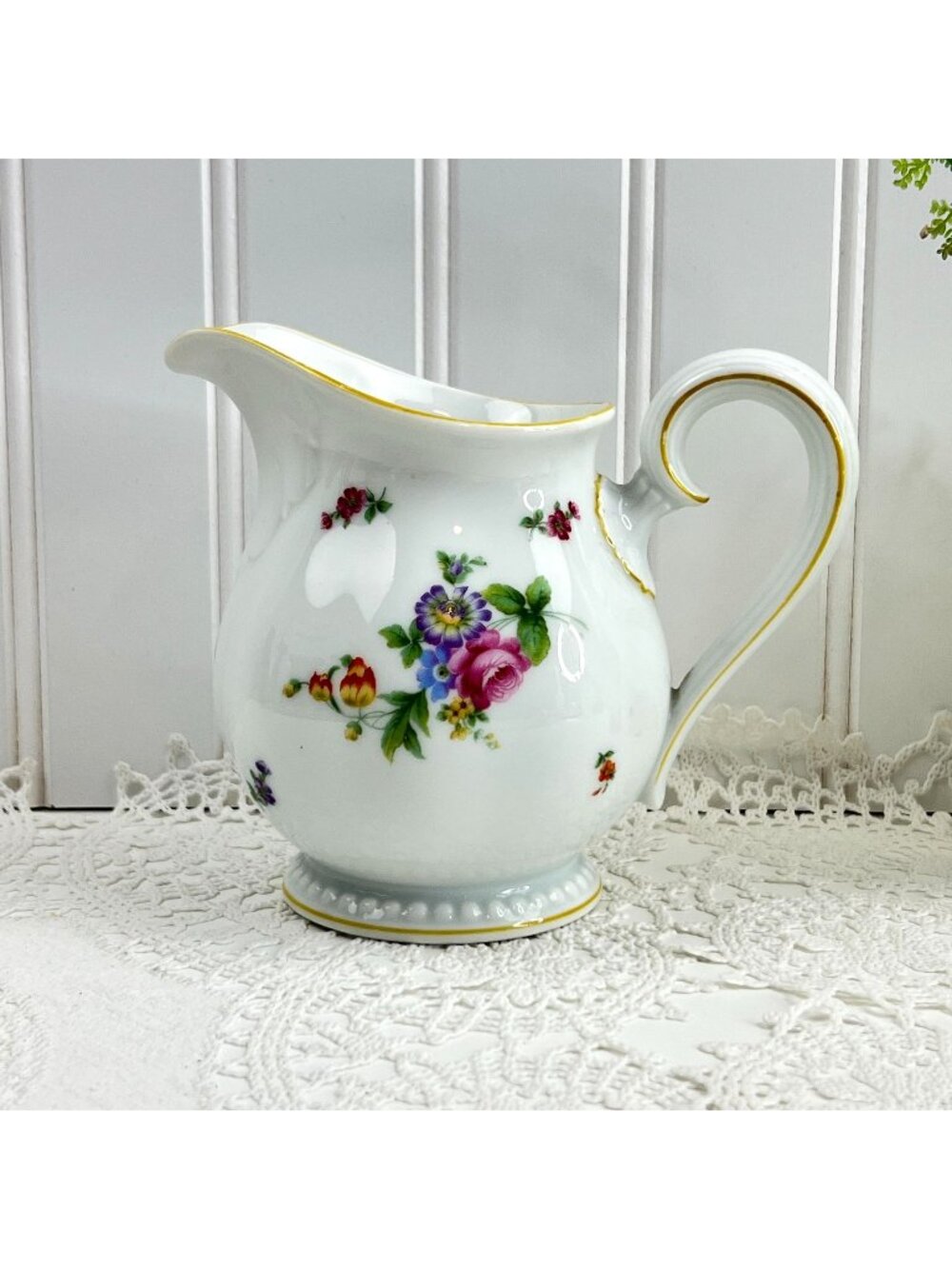 Rosenthal Cream Pitcher Germany Porcelain Floral 12 oz White Yellow Trim Dining